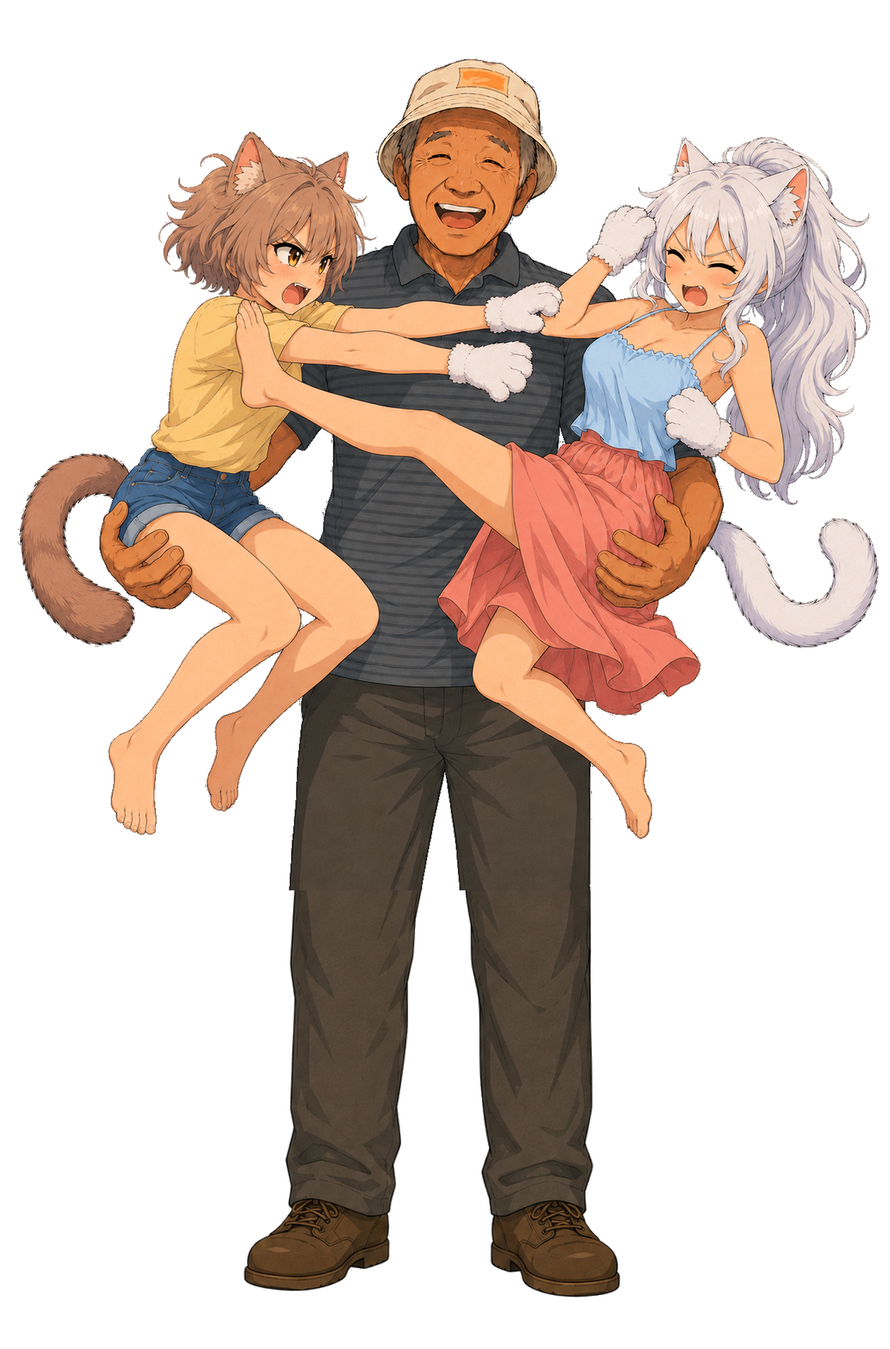 A smiling grandfather standing on the path while holding two anime catgirls during a playful fight